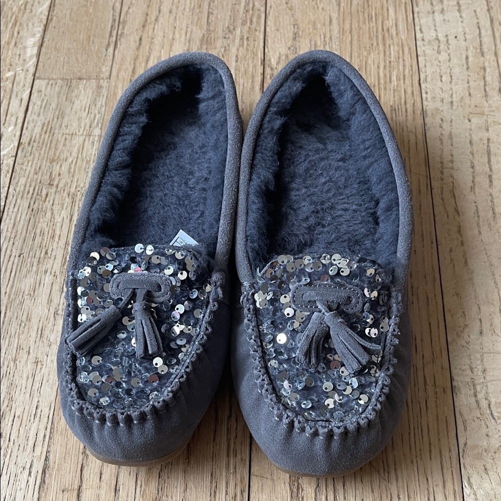 BearPaw Gray Sequin Tassel Moccasin Slippers